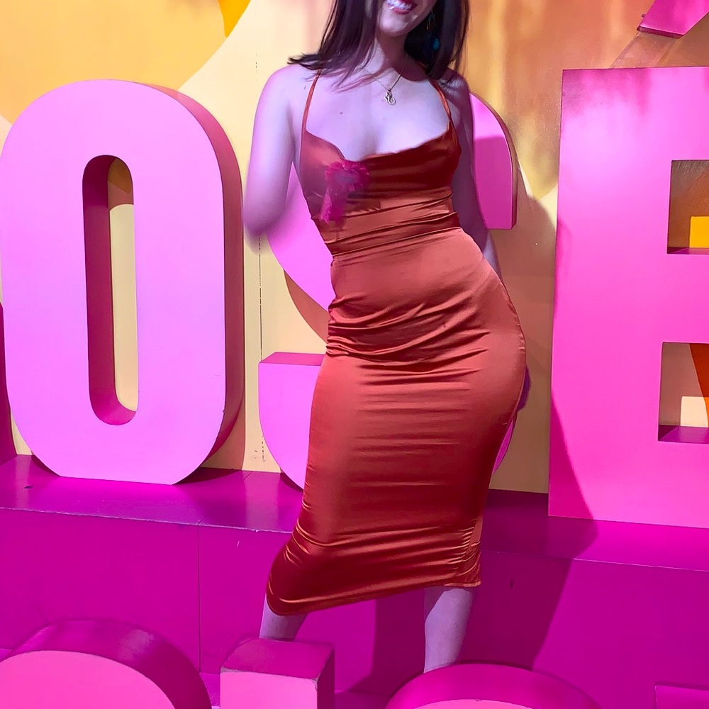 Burnt orange satin midi dress with lace up back